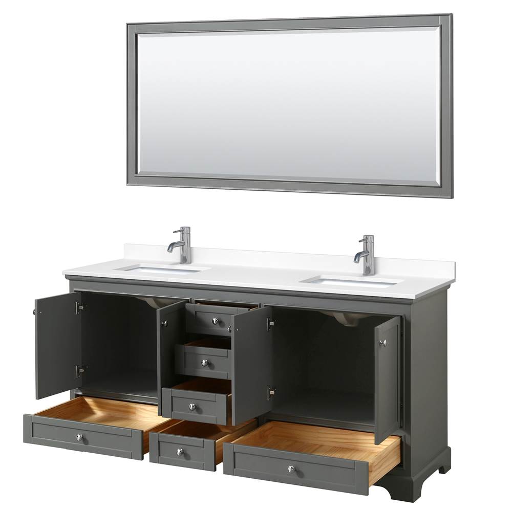 Deborah 72 Inch Double Bathroom Vanity in Dark Gray, White Cultured Marble Countertop, Undermount Square Sinks, 70 Inch Mirror