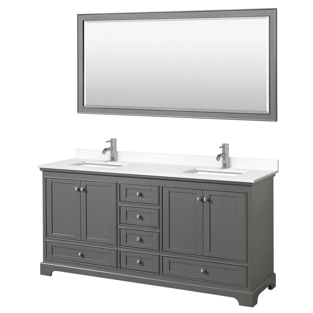 Wyndham Collection - Deborah 72 Inch Double Bathroom Vanity in Dark Gray, White Cultured Marble Countertop, Undermount Square Sinks, 70 Inch Mirror
