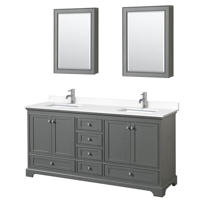 Wyndham Collection - Deborah 72 Inch Double Bathroom Vanity in Dark Gray, White Cultured Marble Countertop, Undermount Square Sinks, Medicine Cabinets