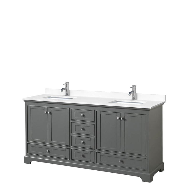 Wyndham Collection - Deborah 72 Inch Double Bathroom Vanity in Dark Gray, White Cultured Marble Countertop, Undermount Square Sinks, No Mirrors