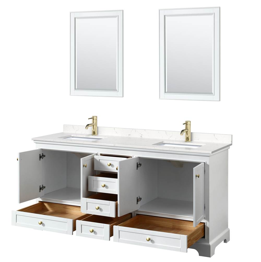 Deborah 72 Inch Double Bathroom Vanity in White, Carrara Cultured Marble Countertop, Undermount Square Sinks, Brushed Gold Trim, 24 Inch Mirrors