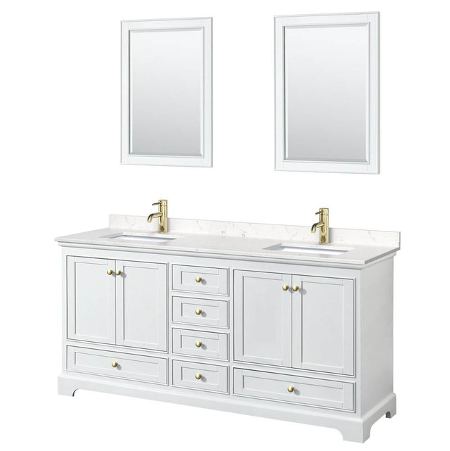 Wyndham Collection - Deborah 72 Inch Double Bathroom Vanity in White, Carrara Cultured Marble Countertop, Undermount Square Sinks, Brushed Gold Trim, 24 Inch Mirrors