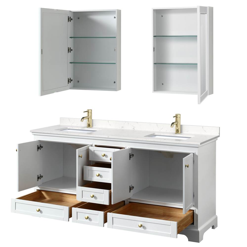 Deborah 72 Inch Double Bathroom Vanity in White, Carrara Cultured Marble Countertop, Undermount Square Sinks, Brushed Gold Trim, Medicine Cabinets