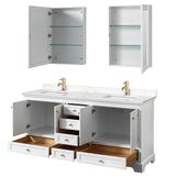 Deborah 72 Inch Double Bathroom Vanity in White, Carrara Cultured Marble Countertop, Undermount Square Sinks, Brushed Gold Trim, Medicine Cabinets