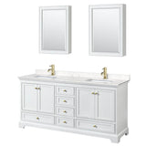 Wyndham Collection - Deborah 72 Inch Double Bathroom Vanity in White, Carrara Cultured Marble Countertop, Undermount Square Sinks, Brushed Gold Trim, Medicine Cabinets