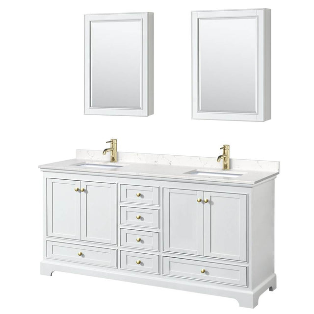Wyndham Collection - Deborah 72 Inch Double Bathroom Vanity in White, Carrara Cultured Marble Countertop, Undermount Square Sinks, Brushed Gold Trim, Medicine Cabinets