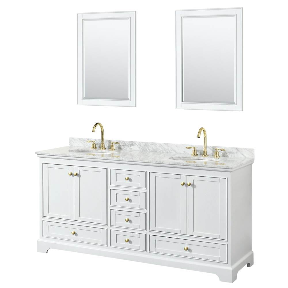 Wyndham Collection - Deborah 72 Inch Double Bathroom Vanity in White, White Carrara Marble Countertop, Undermount Oval Sinks, Brushed Gold Trim, 24 Inch Mirrors