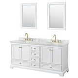 Wyndham Collection - Deborah 72 Inch Double Bathroom Vanity in White, White Carrara Marble Countertop, Undermount Oval Sinks, Brushed Gold Trim, 24 Inch Mirrors