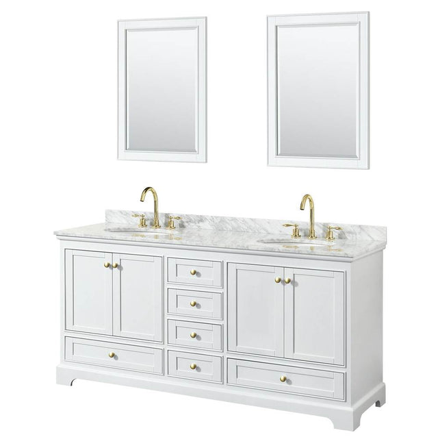 Wyndham Collection - Deborah 72 Inch Double Bathroom Vanity in White, White Carrara Marble Countertop, Undermount Oval Sinks, Brushed Gold Trim, 24 Inch Mirrors