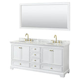 Wyndham Collection - Deborah 72 Inch Double Bathroom Vanity in White, White Carrara Marble Countertop, Undermount Oval Sinks, Brushed Gold Trim, 70 Inch Mirror