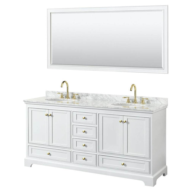 Wyndham Collection - Deborah 72 Inch Double Bathroom Vanity in White, White Carrara Marble Countertop, Undermount Oval Sinks, Brushed Gold Trim, 70 Inch Mirror