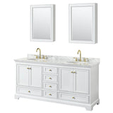 Wyndham Collection - Deborah 72 Inch Double Bathroom Vanity in White, White Carrara Marble Countertop, Undermount Oval Sinks, Brushed Gold Trim, Medicine Cabinets
