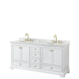 Wyndham Collection - Deborah 72 Inch Double Bathroom Vanity in White, White Carrara Marble Countertop, Undermount Oval Sinks, Brushed Gold Trim, No Mirrors