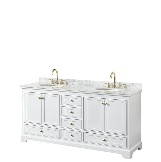 Wyndham Collection - Deborah 72 Inch Double Bathroom Vanity in White, White Carrara Marble Countertop, Undermount Oval Sinks, Brushed Gold Trim, No Mirrors