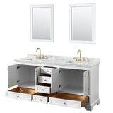 Deborah 72 Inch Double Bathroom Vanity in White, White Carrara Marble Countertop, Undermount Square Sinks, Brushed Gold Trim, 24 Inch Mirrors