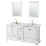 Wyndham Collection - Deborah 72 Inch Double Bathroom Vanity in White, White Carrara Marble Countertop, Undermount Square Sinks, Brushed Gold Trim, 24 Inch Mirrors