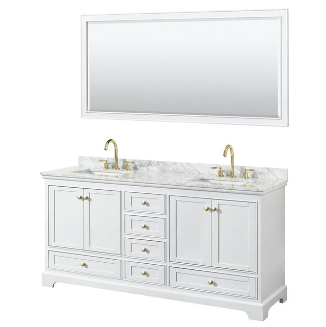 Wyndham Collection - Deborah 72 Inch Double Bathroom Vanity in White, White Carrara Marble Countertop, Undermount Square Sinks, Brushed Gold Trim, 70 Inch Mirror