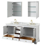 Deborah 72 Inch Double Bathroom Vanity in White, White Carrara Marble Countertop, Undermount Square Sinks, Brushed Gold Trim, Medicine Cabinets
