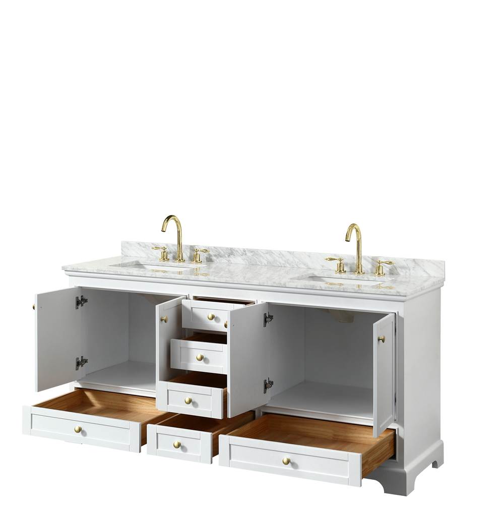 Deborah 72 Inch Double Bathroom Vanity in White, White Carrara Marble Countertop, Undermount Square Sinks, Brushed Gold Trim, No Mirrors