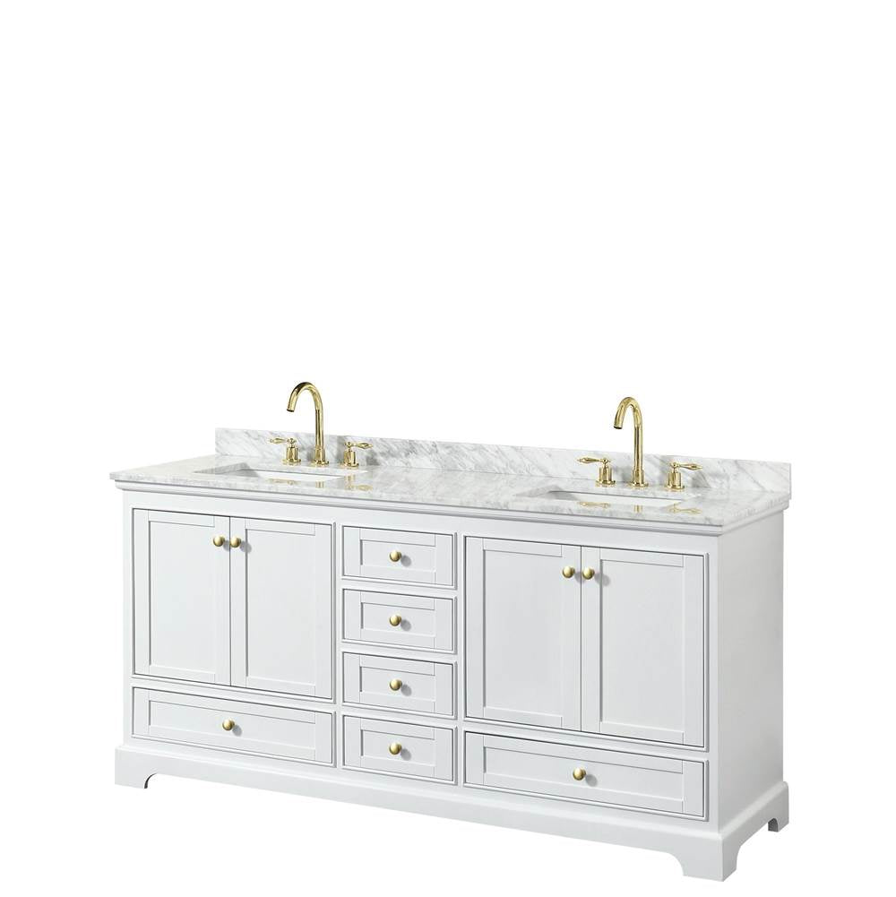 Wyndham Collection - Deborah 72 Inch Double Bathroom Vanity in White, White Carrara Marble Countertop, Undermount Square Sinks, Brushed Gold Trim, No Mirrors
