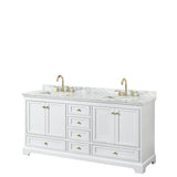 Wyndham Collection - Deborah 72 Inch Double Bathroom Vanity in White, White Carrara Marble Countertop, Undermount Square Sinks, Brushed Gold Trim, No Mirrors