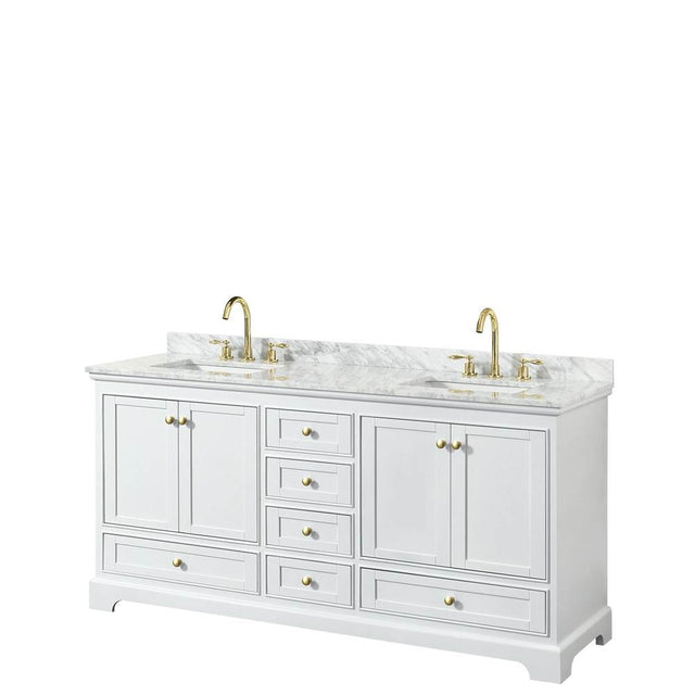 Wyndham Collection - Deborah 72 Inch Double Bathroom Vanity in White, White Carrara Marble Countertop, Undermount Square Sinks, Brushed Gold Trim, No Mirrors