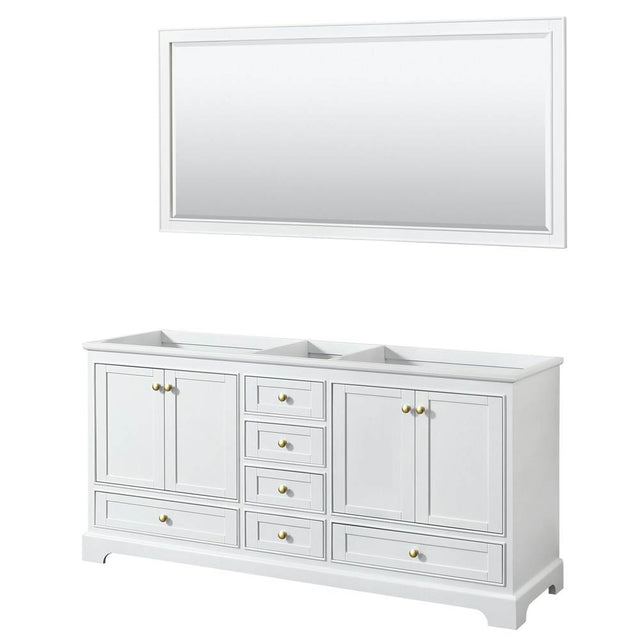 Wyndham Collection - Deborah 72 Inch Double Bathroom Vanity in White, No Countertop, No Sinks, Brushed Gold Trim, 70 Inch Mirror