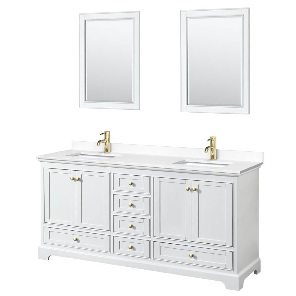Wyndham Collection - Deborah 72 Inch Double Bathroom Vanity in White, White Cultured Marble Countertop, Undermount Square Sinks, Brushed Gold Trim, 24 Inch Mirrors