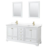 Wyndham Collection - Deborah 72 Inch Double Bathroom Vanity in White, White Cultured Marble Countertop, Undermount Square Sinks, Brushed Gold Trim, 24 Inch Mirrors