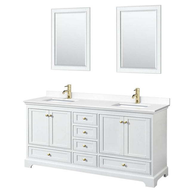 Wyndham Collection - Deborah 72 Inch Double Bathroom Vanity in White, White Cultured Marble Countertop, Undermount Square Sinks, Brushed Gold Trim, 24 Inch Mirrors