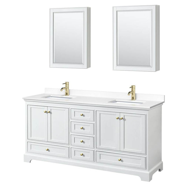 Wyndham Collection - Deborah 72 Inch Double Bathroom Vanity in White, White Cultured Marble Countertop, Undermount Square Sinks, Brushed Gold Trim, Medicine Cabinets