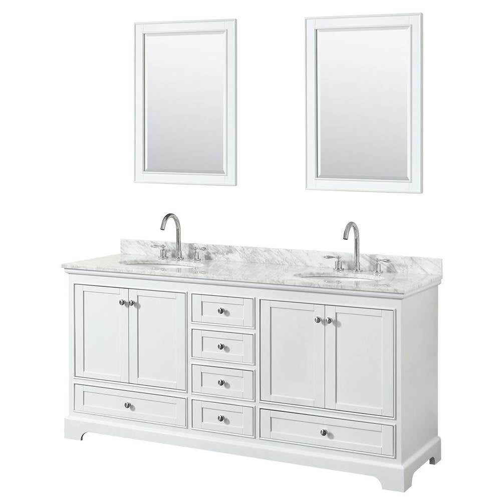 Wyndham Collection - Deborah 72 Inch Double Bathroom Vanity in White, White Carrara Marble Countertop, Undermount Oval Sinks, and 24 Inch Mirrors - White