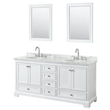Wyndham Collection - Deborah 72 Inch Double Bathroom Vanity in White, White Carrara Marble Countertop, Undermount Oval Sinks, and 24 Inch Mirrors - White