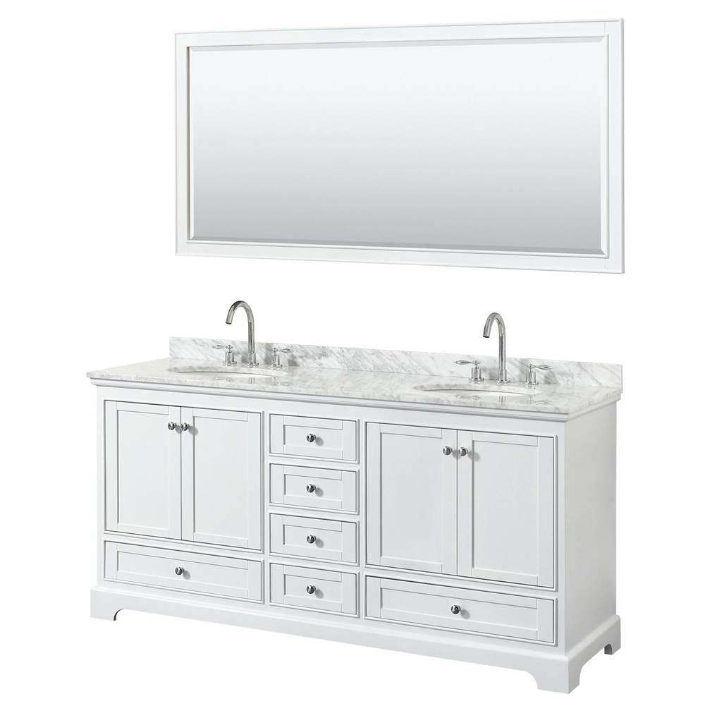 Wyndham Collection - Deborah 72 Inch Double Bathroom Vanity in White, White Carrara Marble Countertop, Undermount Oval Sinks, and 70 Inch Mirror - White