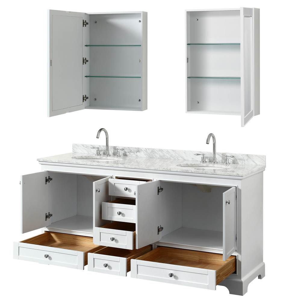Deborah 72 Inch Double Bathroom Vanity in Dark Espresso, White Carrara Marble Countertop, Undermount Oval Sinks, and Medicine Cabinets
