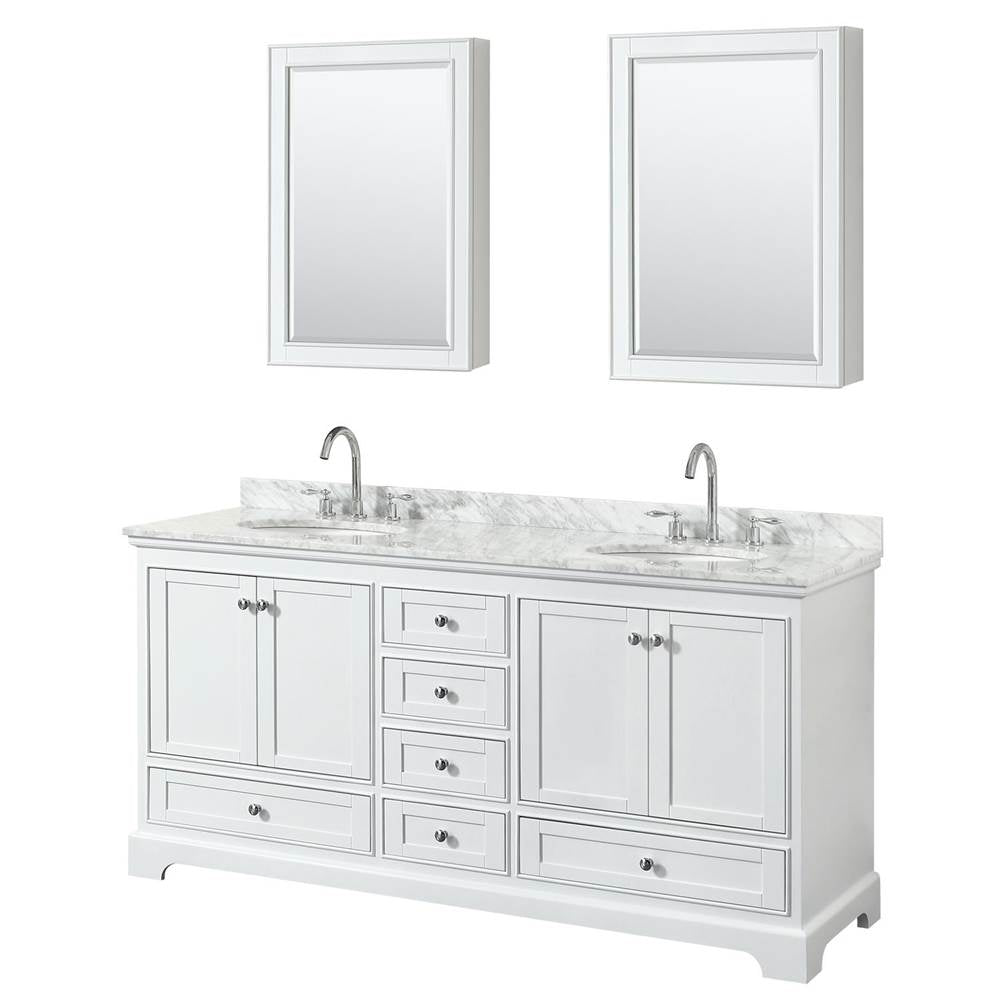 Wyndham Collection - Deborah 72 Inch Double Bathroom Vanity in White, White Carrara Marble Countertop, Undermount Oval Sinks, and Medicine Cabinets - White