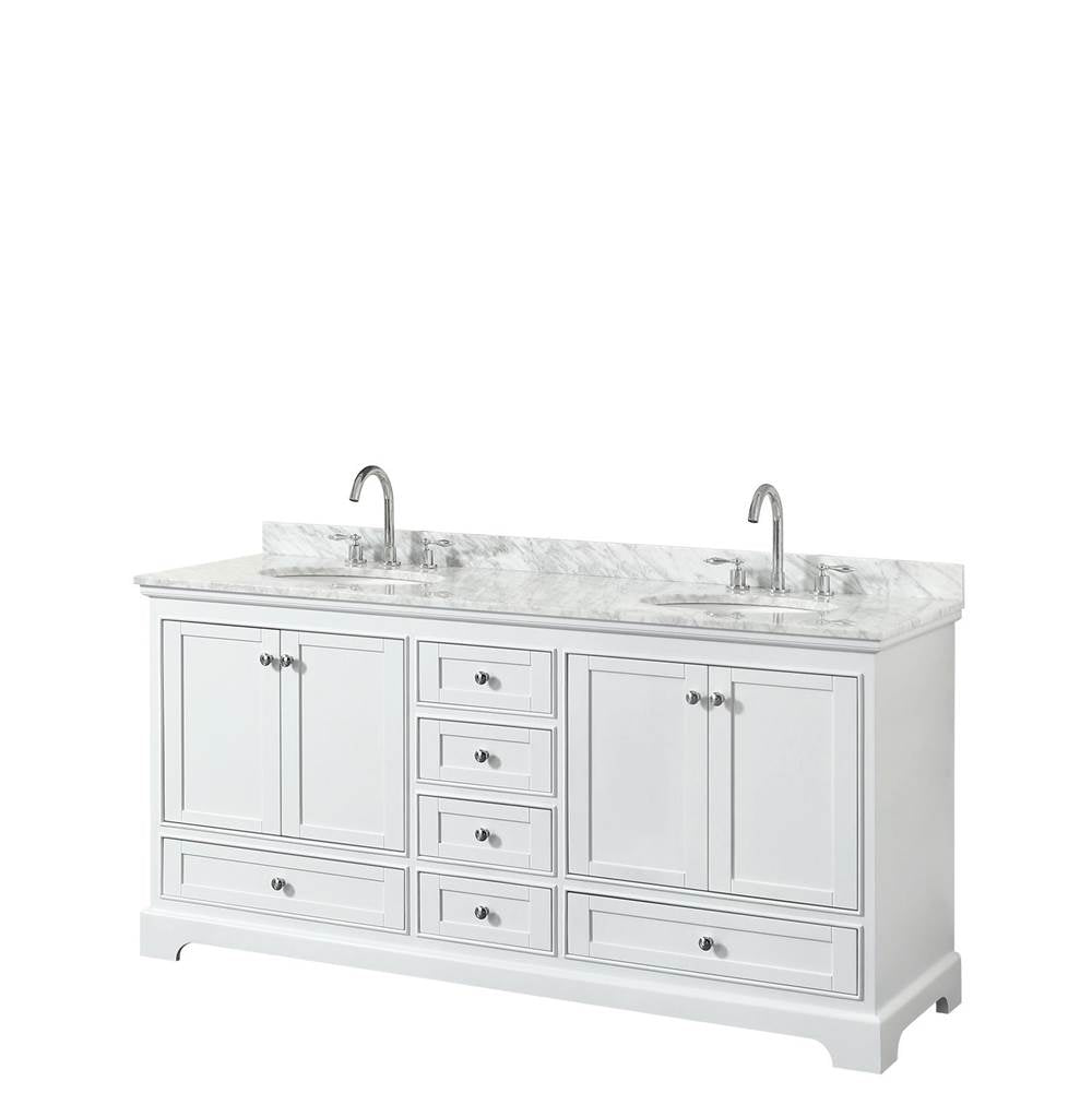 Wyndham Collection - Deborah 72 Inch Double Bathroom Vanity in White, White Carrara Marble Countertop, Undermount Oval Sinks, and No Mirrors - White