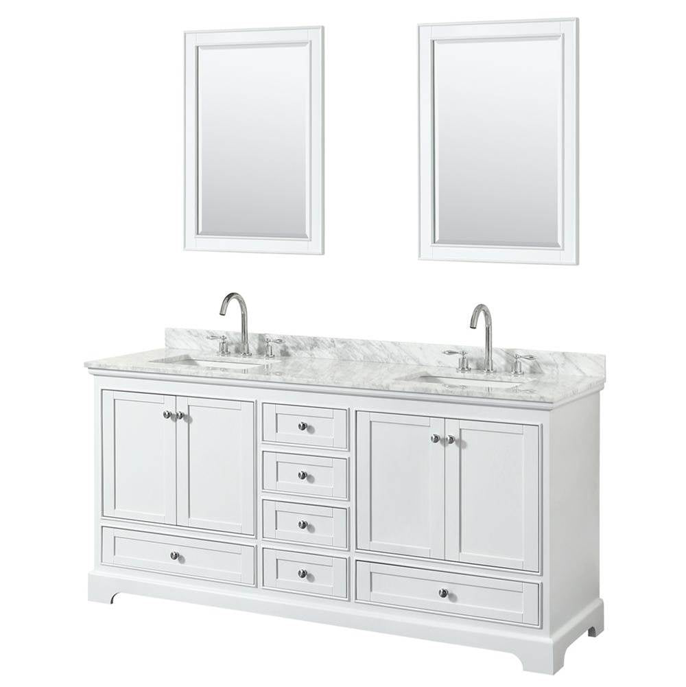 Wyndham Collection - Deborah 72 Inch Double Bathroom Vanity in White, White Carrara Marble Countertop, Undermount Square Sinks, and 24 Inch Mirrors - White