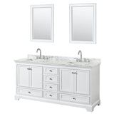 Wyndham Collection - Deborah 72 Inch Double Bathroom Vanity in White, White Carrara Marble Countertop, Undermount Square Sinks, and 24 Inch Mirrors - White