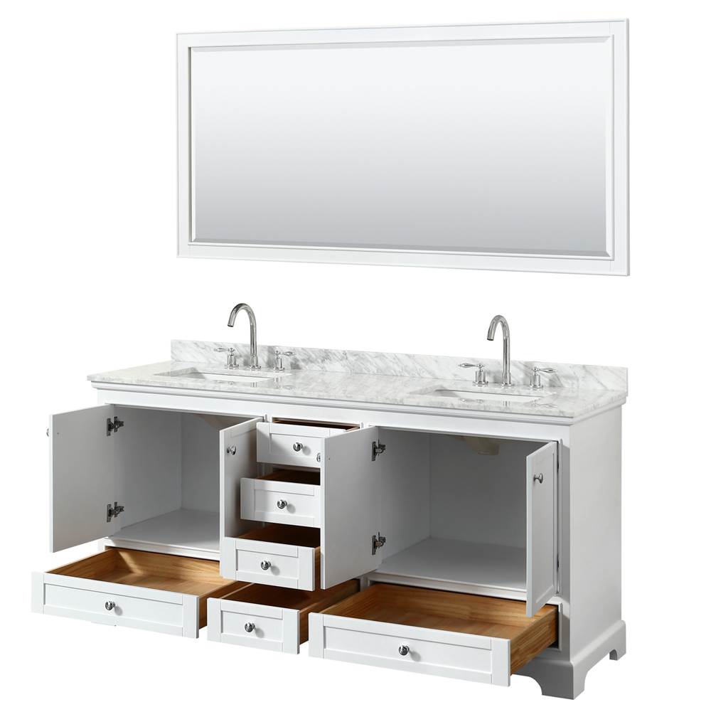 Deborah 72 Inch Double Bathroom Vanity in Dark Espresso, White Carrara Marble Countertop, Undermount Square Sinks, and 70 Inch Mirror