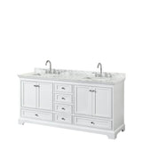 Wyndham Collection - Deborah 72 Inch Double Bathroom Vanity in White, White Carrara Marble Countertop, Undermount Square Sinks, and No Mirror - White