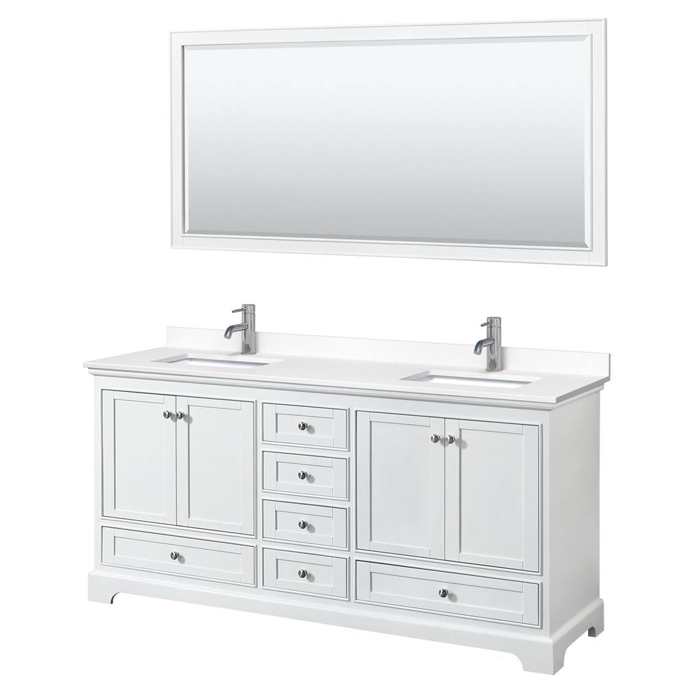Wyndham Collection - Deborah 72 Inch Double Bathroom Vanity in White, White Cultured Marble Countertop, Undermount Square Sinks, 70 Inch Mirror