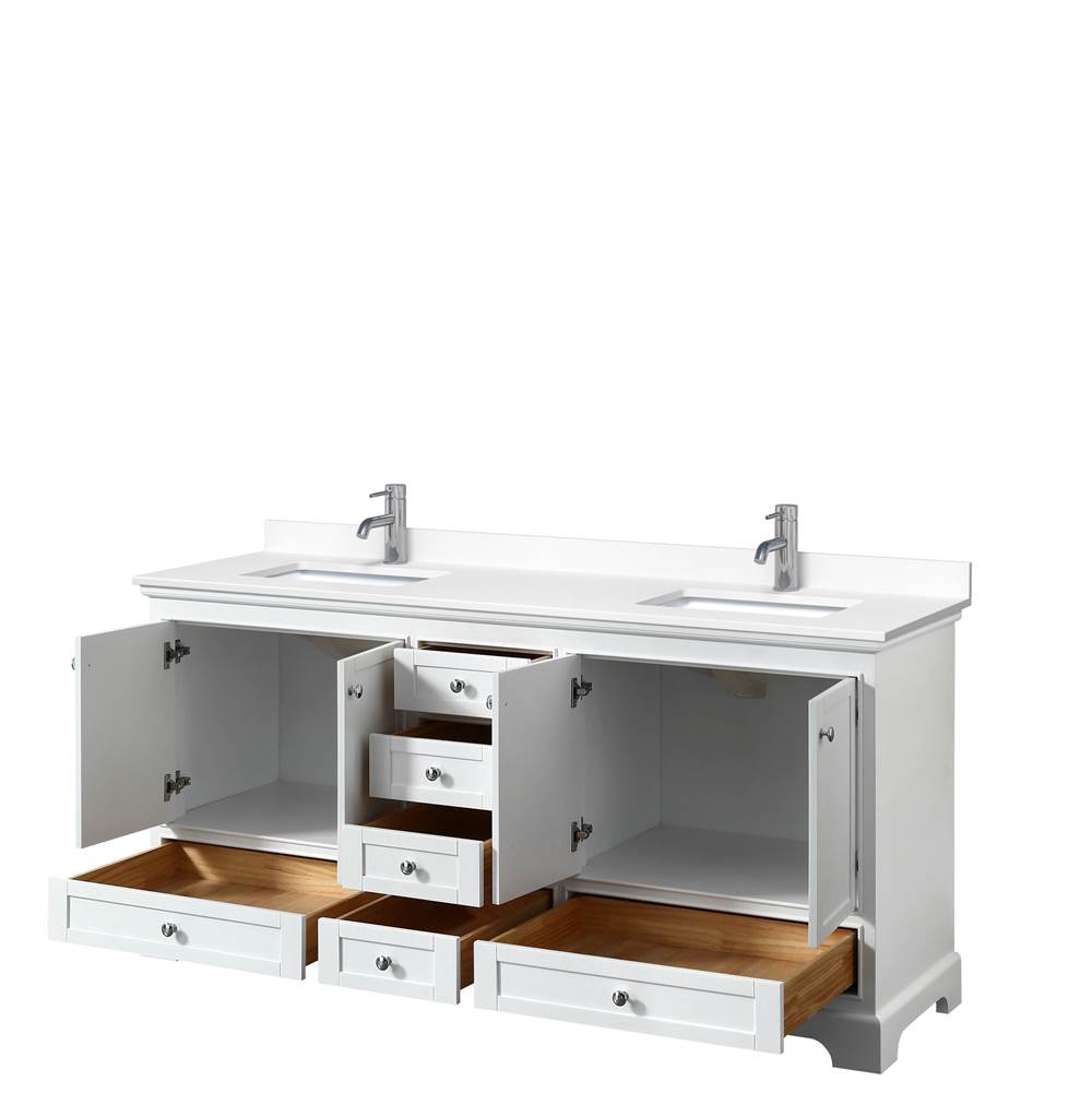 Deborah 72 Inch Double Bathroom Vanity in White, White Cultured Marble Countertop, Undermount Square Sinks, No Mirrors