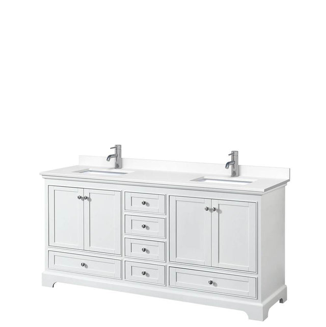 Wyndham Collection - Deborah 72 Inch Double Bathroom Vanity in White, White Cultured Marble Countertop, Undermount Square Sinks, No Mirrors