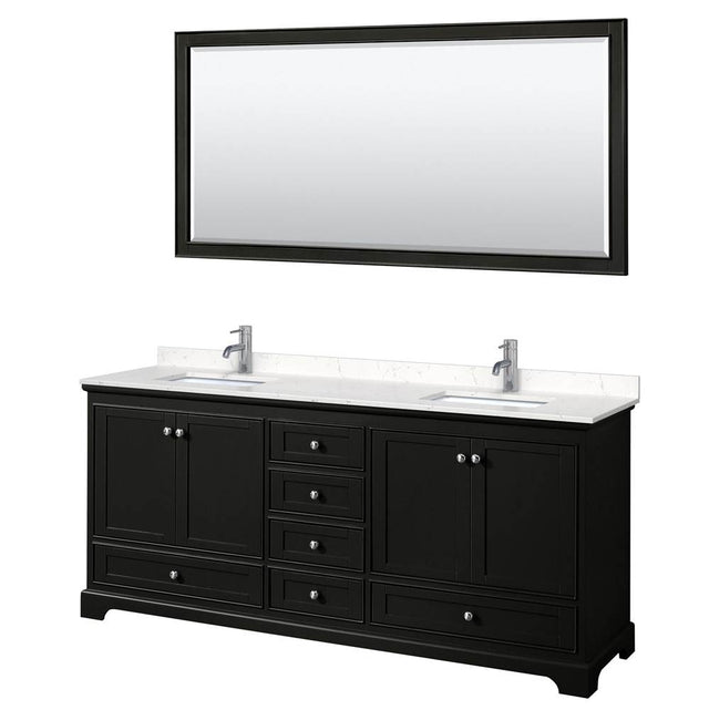 Wyndham Collection - Deborah 80 Inch Double Bathroom Vanity in Dark Espresso, Carrara Cultured Marble Countertop, Undermount Square Sinks, 70 Inch Mirror