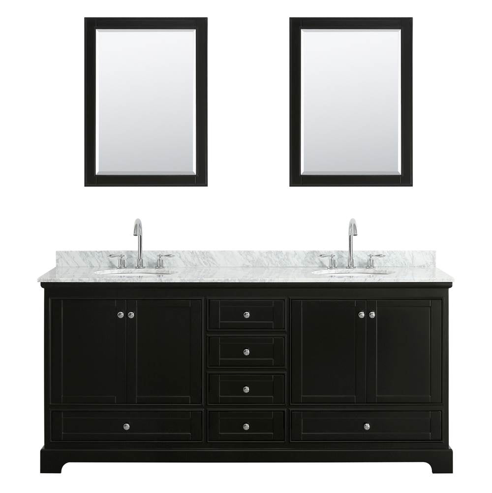 Deborah 80 Inch Double Bathroom Vanity in Dark Espresso, White Carrara Marble Countertop, Undermount Oval Sinks, and 24 Inch Mirrors