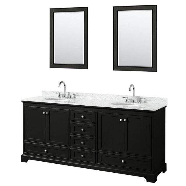 Wyndham Collection - Deborah 80 Inch Double Bathroom Vanity in Dark Espresso, White Carrara Marble Countertop, Undermount Oval Sinks, and 24 Inch Mirrors - Dark Espresso