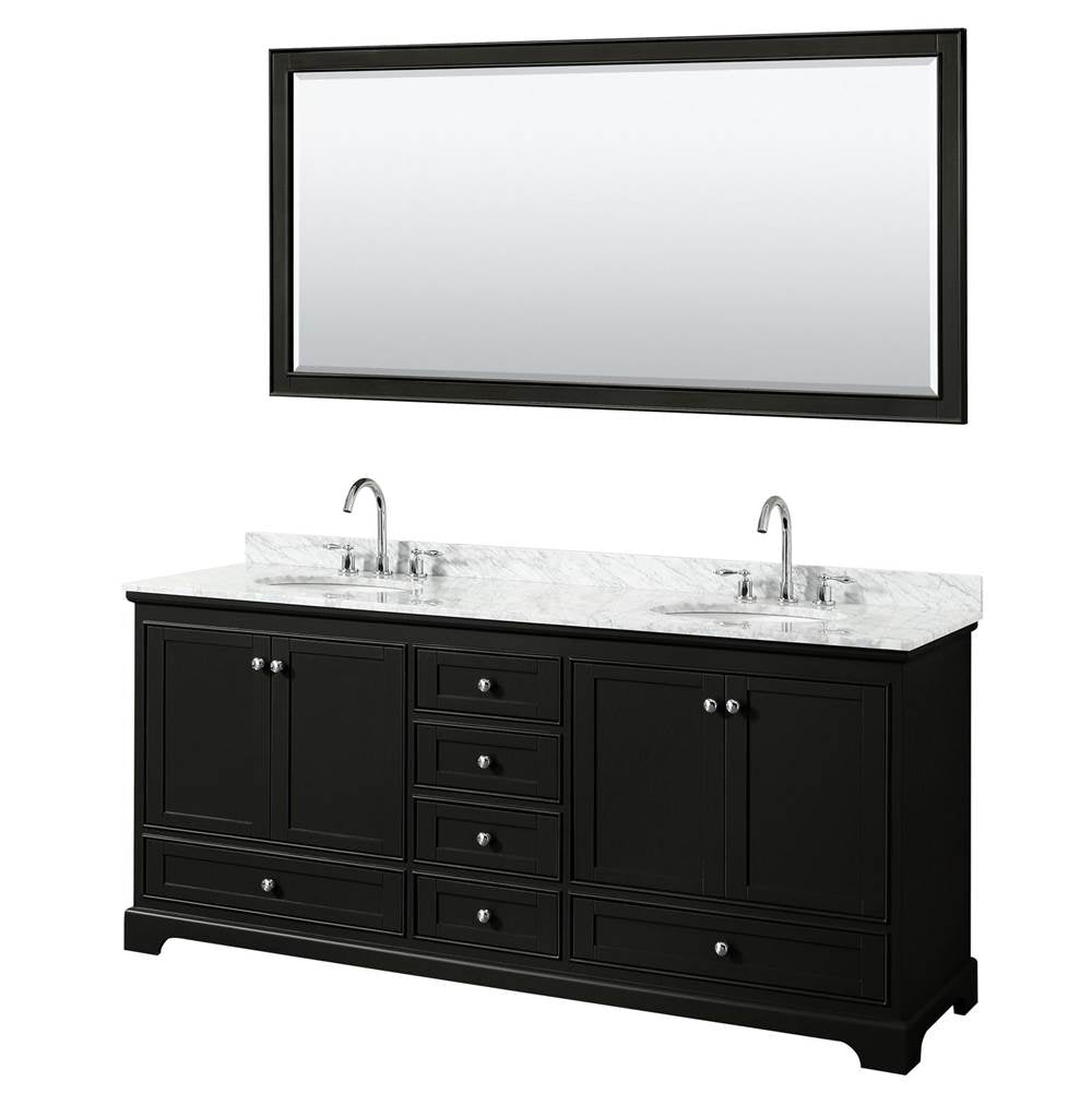 Wyndham Collection - Deborah 80 Inch Double Bathroom Vanity in Dark Espresso, White Carrara Marble Countertop, Undermount Oval Sinks, and 70 Inch Mirror - Dark Espresso
