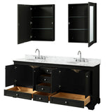 Deborah 80 Inch Double Bathroom Vanity in Dark Espresso, White Carrara Marble Countertop, Undermount Oval Sinks, and Medicine Cabinets