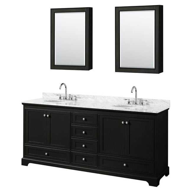 Wyndham Collection - Deborah 80 Inch Double Bathroom Vanity in Dark Espresso, White Carrara Marble Countertop, Undermount Oval Sinks, and Medicine Cabinets - Dark Espresso